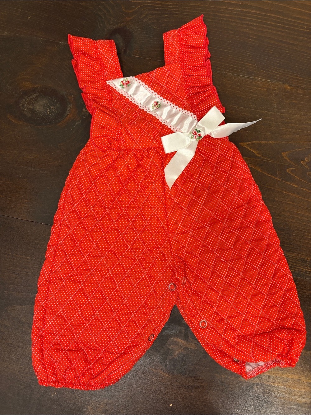 Vintage Red Quilted Baby Romper with White Bow 6-9 months Made in the USA